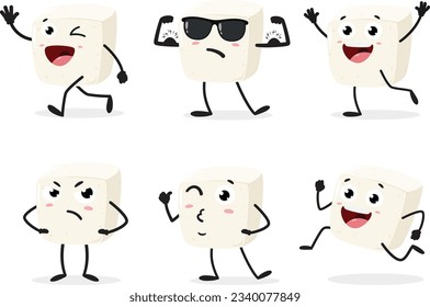 Cartoon White Tofu, set of Cute characters, Isolated on white background