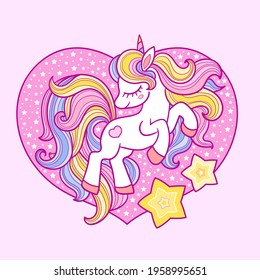 Cartoon white unicorn on a pink background. Cute fantastic animal. For children's design of prints, posters, stickers, postcards, banners, cards, etc. Vector