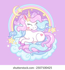 Cartoon, weißes Einhorn mit Regenbogen liegt auf einer Wolke am Nachthimmel. Für Kinder-Design-Prints, Poster, Karten, Aufkleber, Rätsel, etc. Vektorgrafik