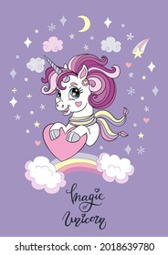Cartoon white unicorn with rainbow and magic elements. Vector vertical llustration isolated on pink background. For sticker, design, decor, print and kids apparel