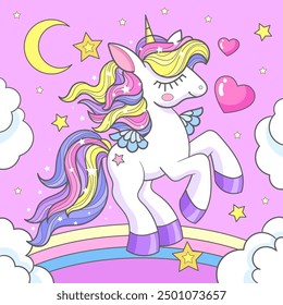 Cartoon white unicorn with rainbow mane with clouds, hearts and moon. Cute fantasy character. For children's design prints, posters, cards, stickers, puzzles, etc. Vector