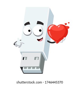 Cartoon weiße USB-Laufwerk Speicherkarte Maskottchen hält das Herz auf weißem Hintergrund