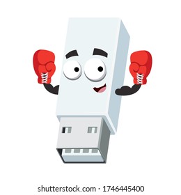cartoon white USB drive memory card mascot in red boxing gloves on white background
