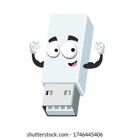 caricatura blanca de memoria USB de memoria mascota muestra su fuerza sobre fondo blanco