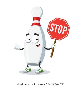 cartoon white wooden bowling pin mascot with tablet stop in hand on white background