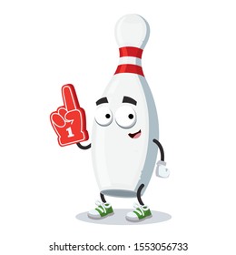 cartoon white wooden bowling pin character mascot with the number 1 one sports fan hand glove on a white background