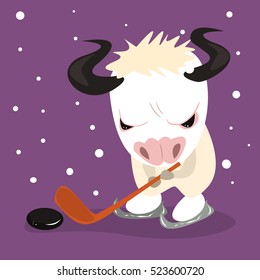 Cartoon White Yak Playing Ice Hockey