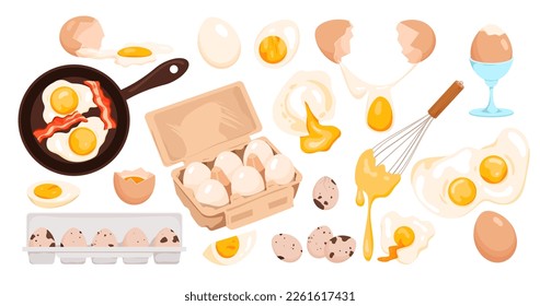 Cartoon whole fresh or boiled egg in shell or peeled, cut in half and quarter, fried with yolk flowing out and whipped with whisk, farm product in box and container. Eggs set vector illustration