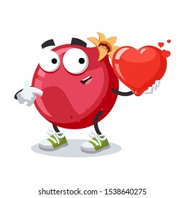 cartoon whole fresh pomegranate fruit character mascot keeps the heart on white background