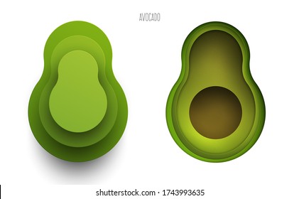 Cartoon whole and half avocado in modern geometric 3d paper cut style isolated on white background. Vivid creative vector art element. Minimalistic concept of abstract design illustration.