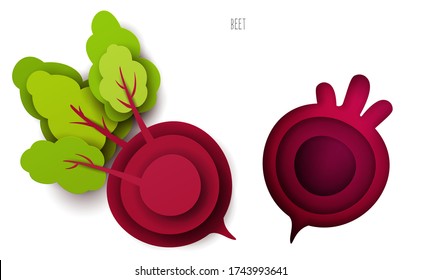 Cartoon whole and half beet in modern geometric 3d paper cut style isolated on white background. Vivid creative vector art element. Minimalistic concept of abstract design illustration.