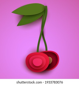 Cartoon whole and half cherry in modern geometric 3d paper cut style isolated on pink background. Vivid creative vector art element. Minimalistic concept of abstract design illustration.
