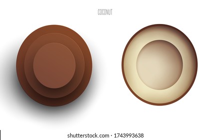 Cartoon whole and half coconut in modern geometric 3d paper cut style isolated on white background. Vivid creative vector art element. Minimalistic concept of abstract design illustration.