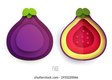 Cartoon whole and half figs in modern geometric 3d paper cut style isolated on white background. Vivid creative vector art element. Minimalistic concept of abstract design illustration.