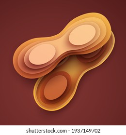 Cartoon whole and half peanut in modern geometric 3d paper cut style isolated on color background. Vivid creative vector art element. Minimalistic concept of abstract design illustration.