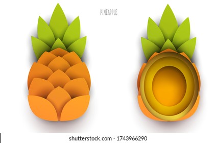 Dibujo entero y medio piña en un estilo de corte geométrico moderno de papel 3d aislado en fondo blanco. Elemento de arte vectorial creativo y vivo. Concepto minimalista de ilustración abstracta de diseño.