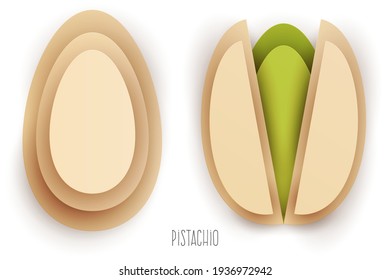 Cartoon whole and half pistachio in modern geometric 3d paper cut style isolated on white background. Vivid creative vector art element. Minimalistic concept of abstract design illustration.