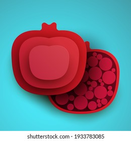 Cartoon whole and half pomegranate in modern geometric 3d paper cut style isolated on blue background. Vivid creative vector art element. Minimalistic concept of abstract design illustration.
