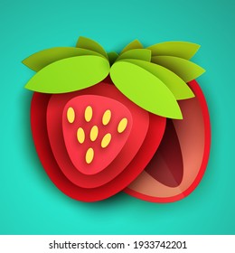 Cartoon whole and half strawberry in modern geometric 3d paper cut style isolated on blue background. Vivid creative vector art element. Minimalistic concept of abstract design illustration.