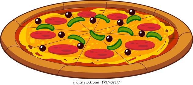 Cartoon Whole Pepperoni Pizza With Peppers. Vector Hand Drawn Illustration Isolated On Transparent Background