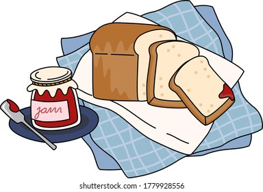 Cartoon of whole wheat bread loaf and strawberry jam . Simple cute hand draw line vector and minimal icons flat style character illustration.
