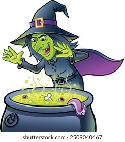 Cartoon of a wicked witch character with arms up casting a spell over a bubbling green cauldron with a couple of eyeballs and bone sticking up.