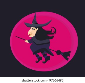 cartoon wicked witch flying on a broomstick