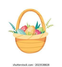 Cartoon wicker basket with colorful painted easter eggs and green twigs vector illustration