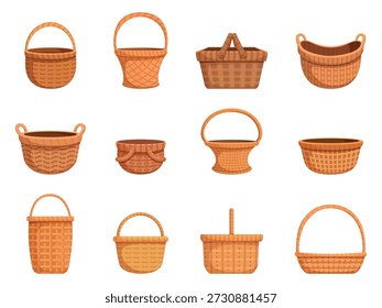 Cartoon wicker basket. Isolated empty baskets for picnic food, easter gift, household, interior decoration. Rural eco containers, accessories, sapid vector clipart