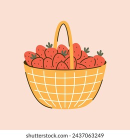 Cartoon wicker basket with strawberries. Summer berries in flat style with line details. Cottagecore design. Farming and gardening element. Vector illustration