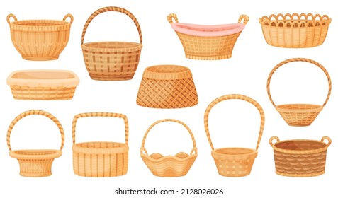 Cartoon Wicker Baskets, Picnic Basket, Empty Gift Hamper. Handmade Rattan Or Bamboo Woven Storage Container, Rural Interior Decor Vector Set. Illustration Of Empty Picnic Basket Isolated