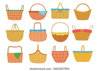 Cartoon wicker baskets. Picnic panniers different types, shapes, empty containers made of twigs, wooden decorative handicrafts, vector set.eps
