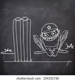 Cartoon of a wicket keeper in sitting position created by white chalk on chalkboard background.