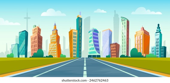 Cartoon wide road to town. Welcoming city highway, urban landscape with skyscrapers vector illustration of street road to town, facade object city