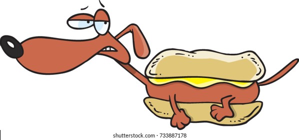 cartoon wiener dog in a hotdog bun