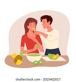 Cartoon wife and husband characters standing, cute loving couple, hugging and smiling, cooking food, isolated on white. Couple people spend happy time together at home, harmony and love.