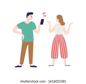 Cartoon wife incriminating at treason of husband vector flat illustration. Annoyed woman talking man flirting chatting with another person use smartphone. Concept of love triangle isolated on white.