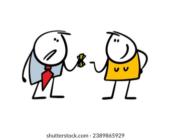 Cartoon wife strictly demands from her husband his entire salary. Vector illustration of poor sad man in a business suit giving money to young  woman. Isolated characters on white background.