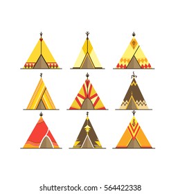 Cartoon Wigwams or Tepees Icons Set Traditional Tribal House Flat Design Style. Vector illustration