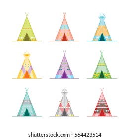 Cartoon Wigwams or Tepees Icons Set Native Indian Home Flat Design Style. Vector illustration