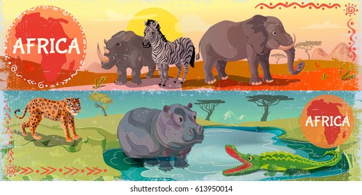 Cartoon wild africa horizontal banners with leopard rhino elephant zebra hippo and crocodile on african nature landscape vector illustration