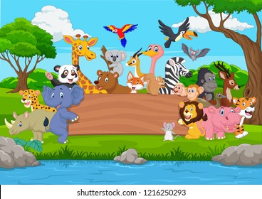 Cartoon wild animal with blank board in the jungle