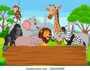 Cartoon wild animal with blank board in the jungle