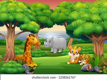 Cartoon wild animal enjoying in the jungle