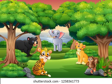 Cartoon wild animal enjoying in the jungle