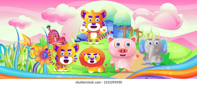Cartoon wild animal in the fantasy land - Vector