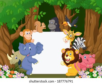Cartoon wild animal holding blank sign