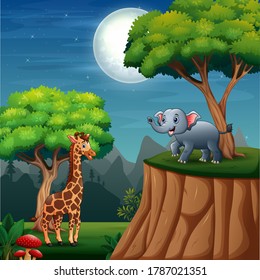 Cartoon wild animal in the jungle landscape