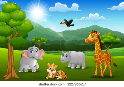 Cartoon wild animal in the jungle with a mountain background