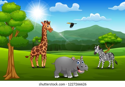 Cartoon wild animal in the jungle with a mountain background